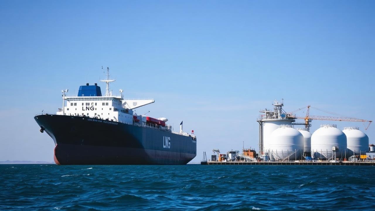 A large LNG tanker docked at a port terminal with industrial infrastructure in the background.