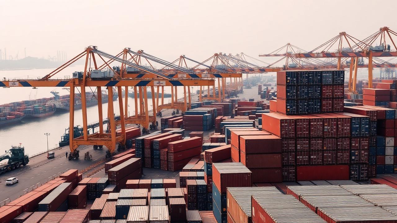 A DHL Group logistics facility with trucks and cargo containers