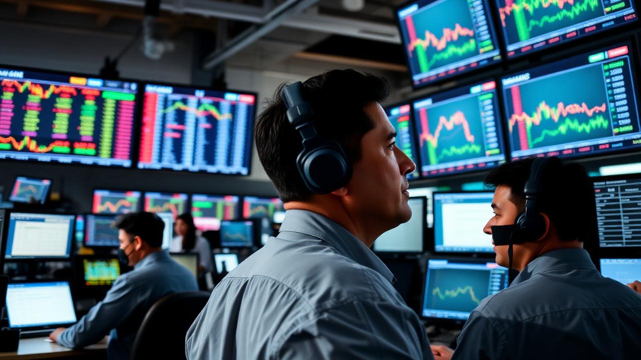 Illustration of commodity traders wearing headsets in front of market charts and price screens.